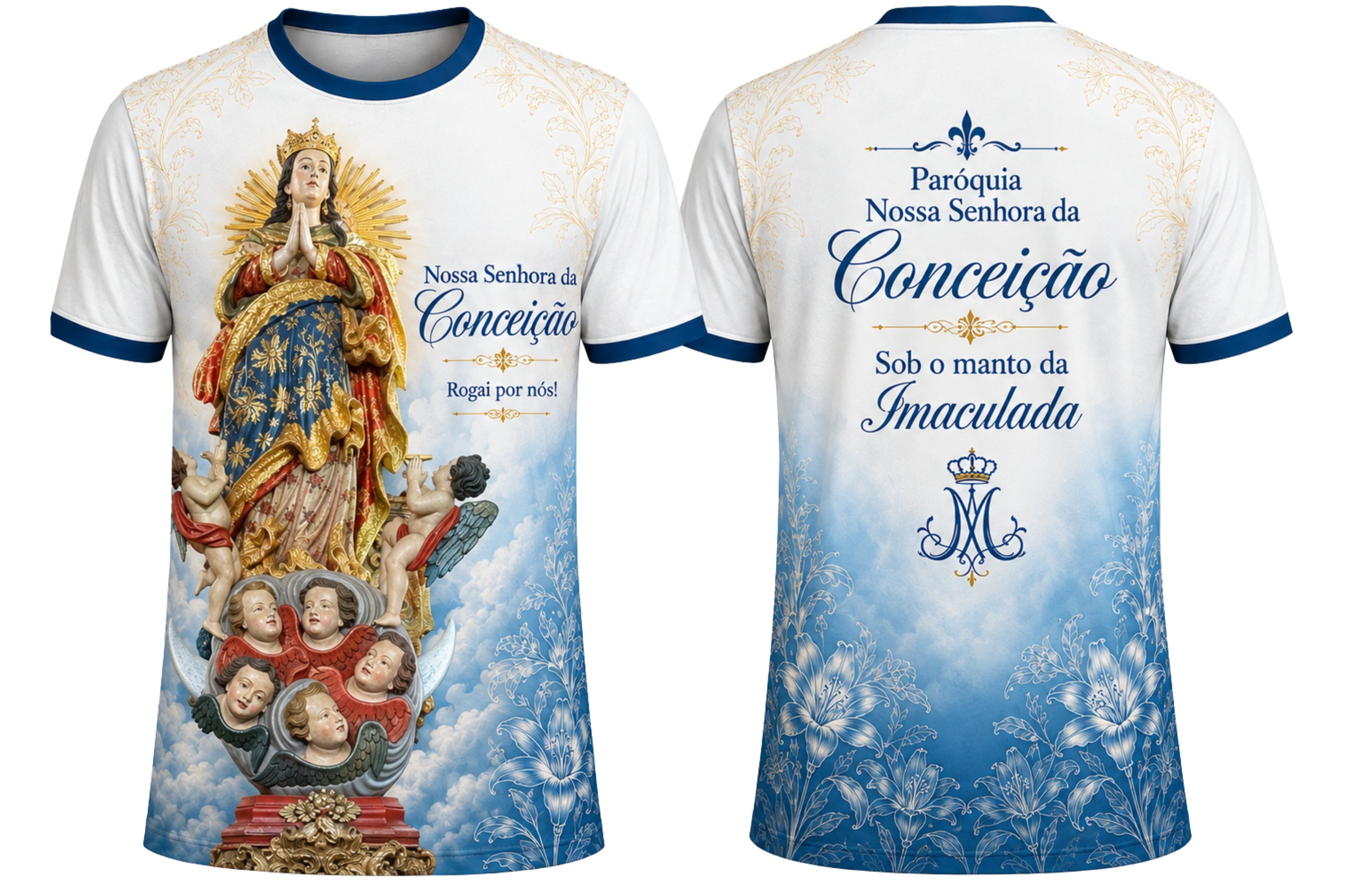 Camiseta oficial da Festa de Nossa Senhora da Conceição, mostrando a frente e as costas